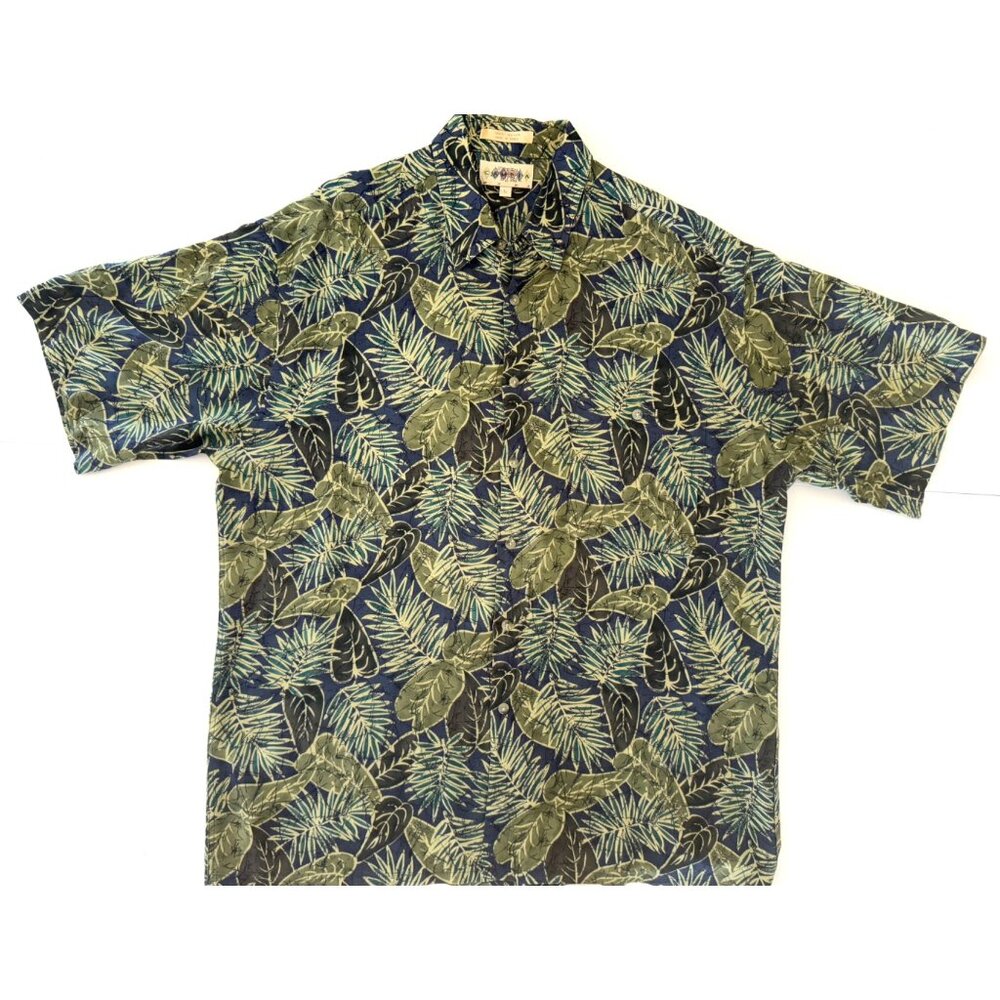 Campia Moda Mens L Hawaiian Shirt Blue and Green Abstract Leaf Print‎ Soft Rayon